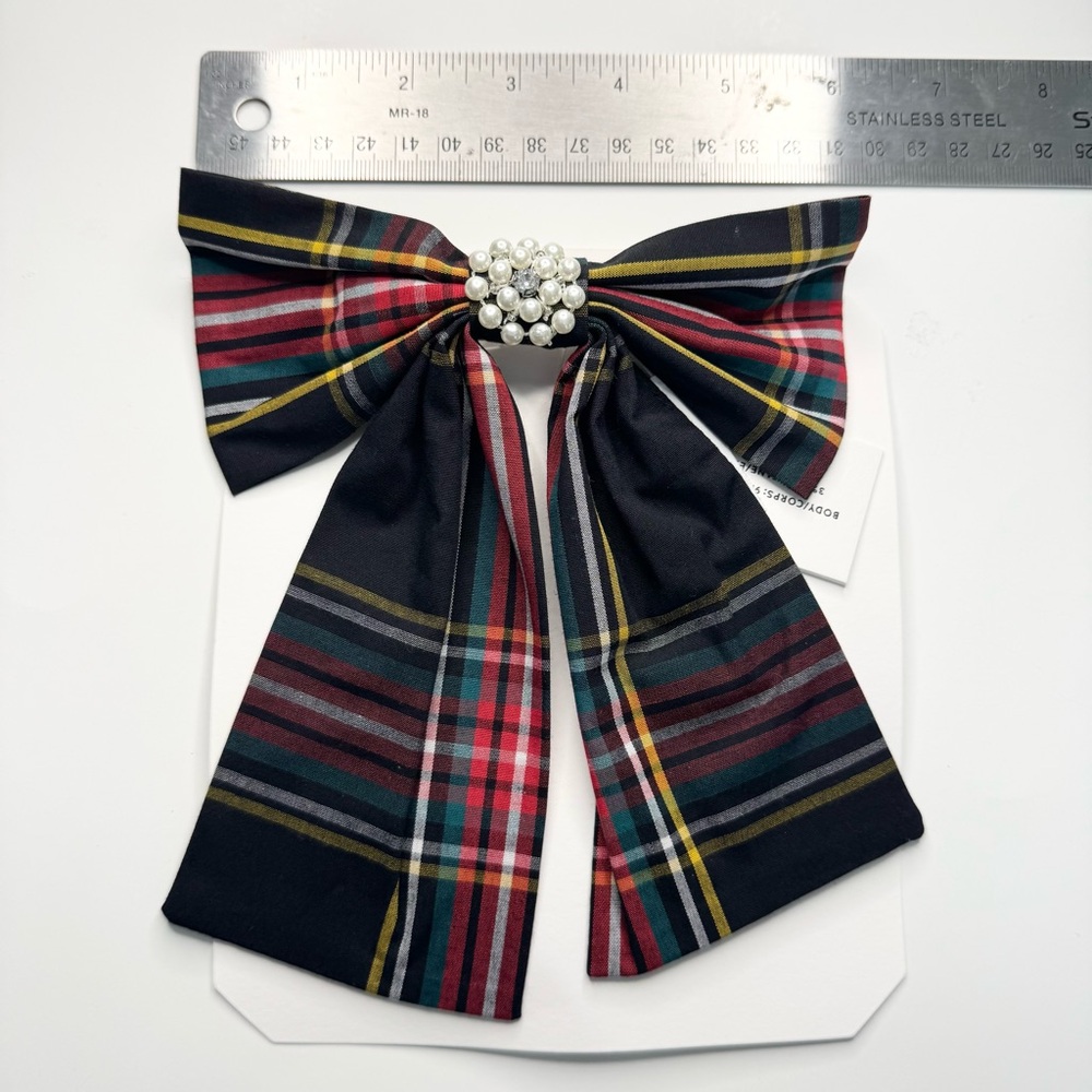 J Crew Factory Embellished Bow Barette Black Stewart Tartan - Picture 9 of 12